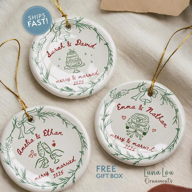 Personalized Married Ornament, Merry & Married, Our First Christmas Married Custom Names, Whimsical Styles, Newlywed Gift