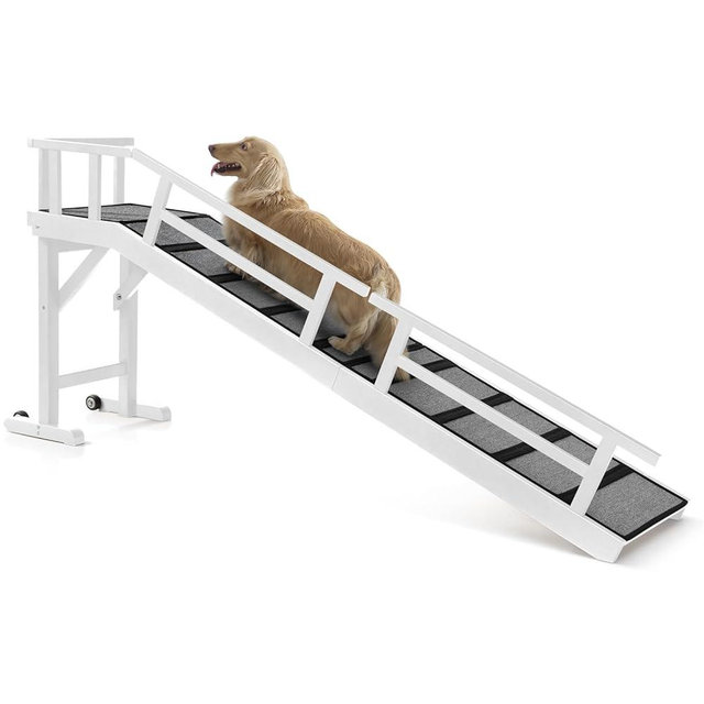 KUVETO Dog Ramp for Bed or Couch, Wooden Pet Ramp with 20° Gentle Slope, Removable Side Rails, Non-Slip Surface, Top Platform & Wheels, Safe Bed Ramp for Small, Large & Senior Dogs, 74" Long, White