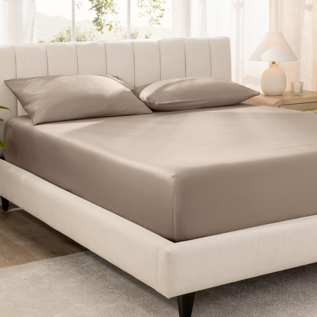 400 Thread Count Organic Cotton Sateen King Fitted Sheet Taupe by Bare Home