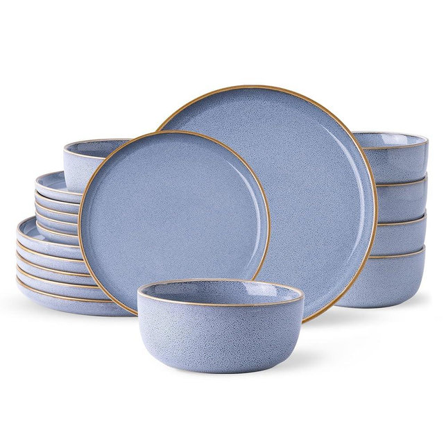 GBHOME Ceramic Dinnerware Sets for 6, 18 Pieces Stoneware Plates and Bowls Sets, Scratch Resistant Dish Sets for Dinner, Dishwasher & Microwave Safe, Brunnera Blue