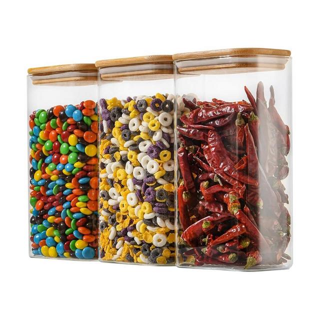 D2scrma 56oz Rectangle Airtight Glass Storage Containers with Bamboo Lids (Set of 3), Square Food Storage Jar, Pantry Organizers for Oats, Cereal, Pasta and Coffee beans (‎with Black Lable)