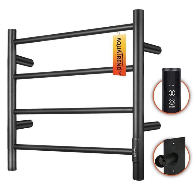 Aquatrend Heated Towel Rack, 4 Bar Electric Stainless Steel Heated Towel Racks for Bathroom, Towel Warmer Rack with Build-in Timer, Fast Heating, Plug-in (Black)