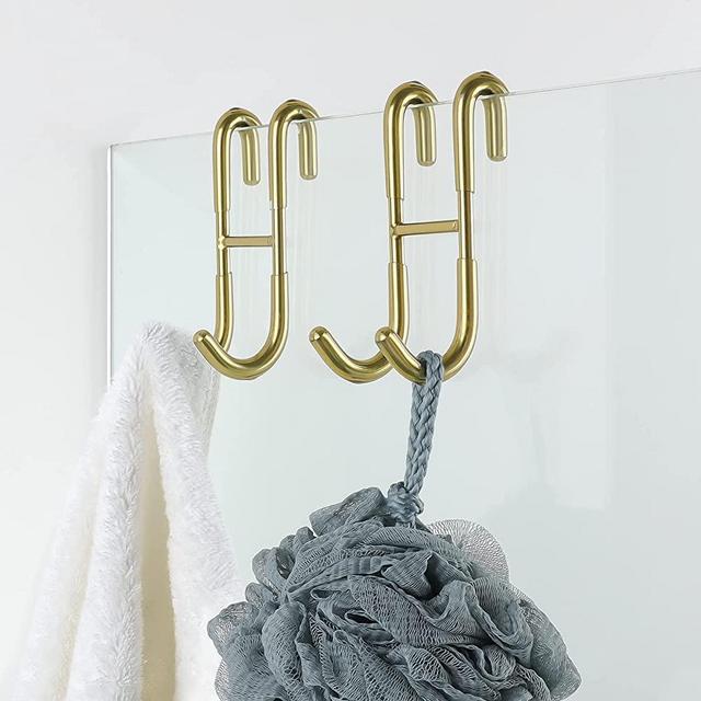 Simtive Shower Door Hooks (2-Pack), Towel Hooks for Bathroom Frameless Glass Shower Door, Shower Squeegee Hooks, Gold