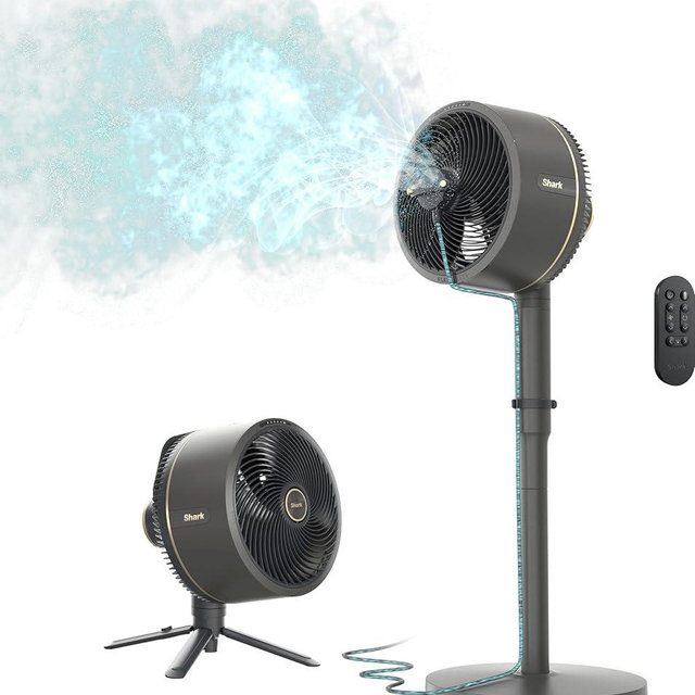 Shark FlexBreeze Pedestal & Tabletop, Indoor & Outdoor, Portable, Oscillating Fan with Remote, Quiet, Powerful, Corded & Cordless with InstaCool Misting Attachment, Dark Grey (Renewed)