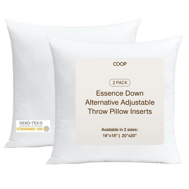 Coop Home Goods Essence Adjustable Throw Pillow Inserts 20x20, Set of 2, Adjustable Down Alternative Cushions for Couch, Bed, or Chair, Decorative Square Pillows for Living Room, Oeko-Tex Certified