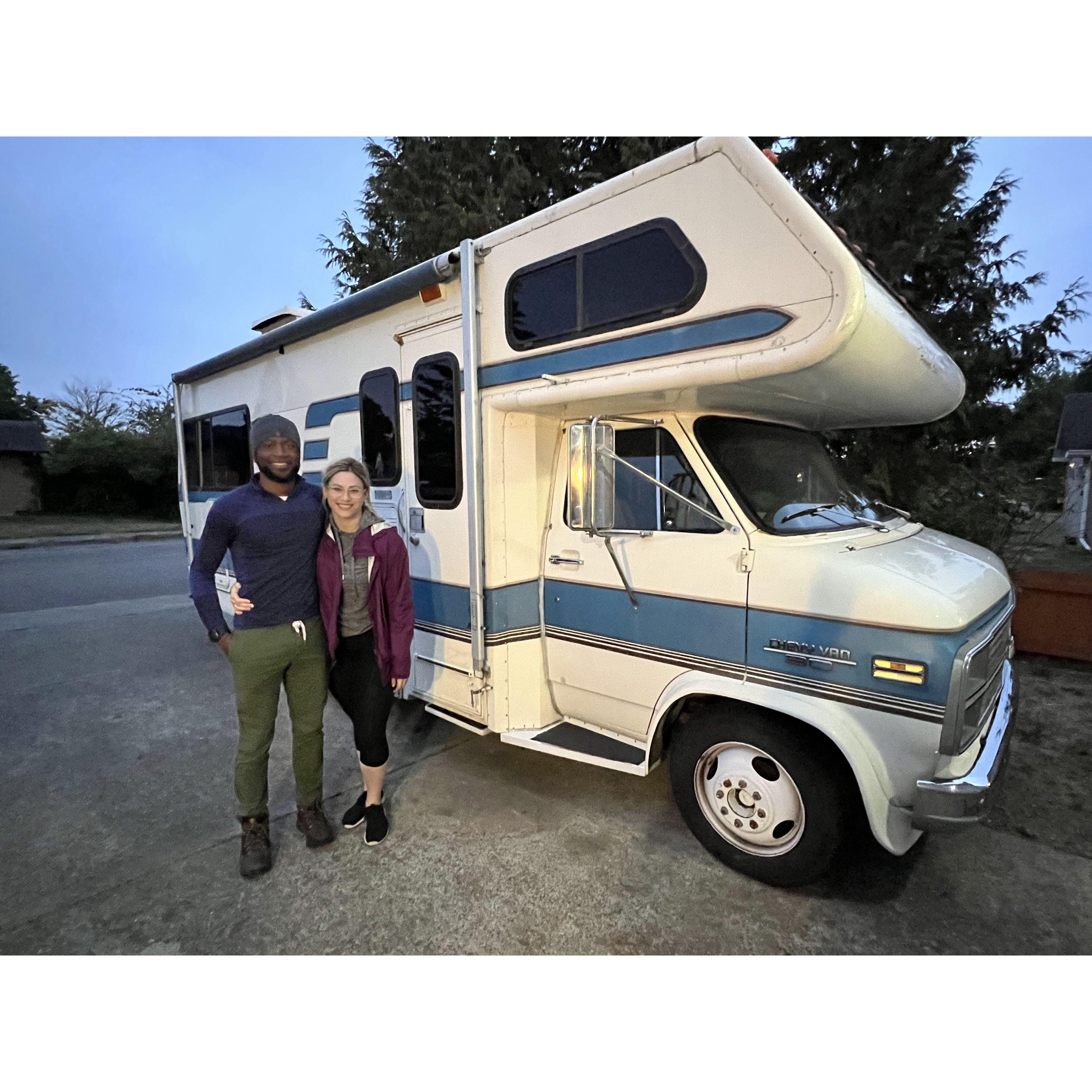 Photo representation of our lives fall 2023 to spring 2024. 1984 RV renovation. 6 months of work. Lived with Abby's Parents. We still like each other.