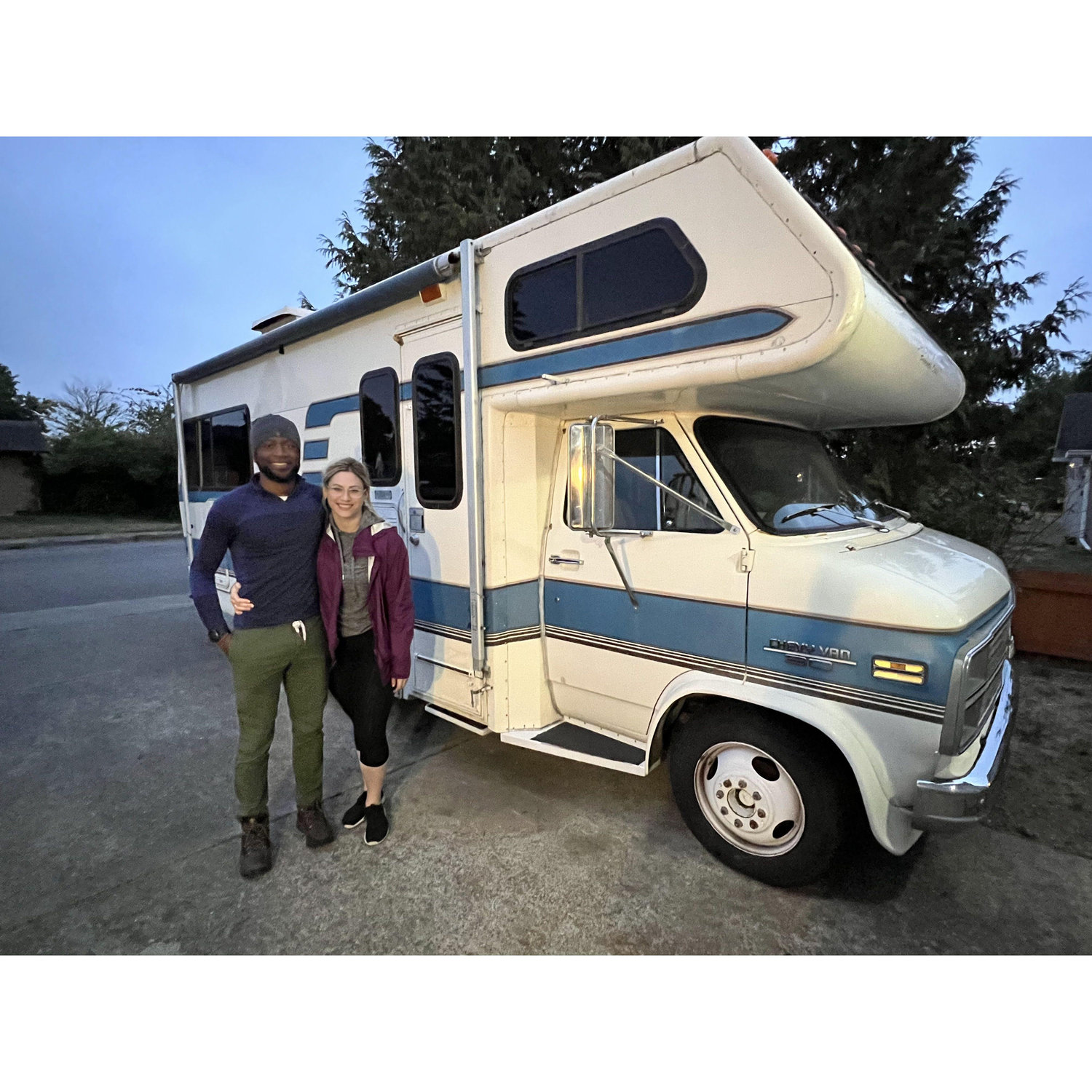 Photo representation of our lives fall 2023 to spring 2024. 1984 RV renovation. 6 months of work. Lived with Abby's Parents. We still like each other.