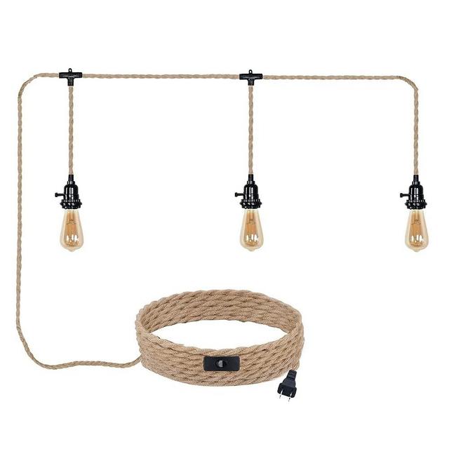 ALAISLYC 3 Light Plug in Pendant Lights Cord Hanging Lamp Kit with Switch 22 Ft Long Hemp Rope Farmhouse Pndant Light Cord Lighting Fixture Kits DIY Hanging Light