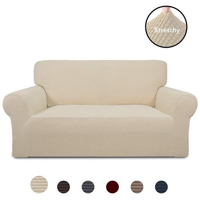PureFit Stretch Loveseat Sofa Slipcover – Spandex Jacquard Non Slip Soft Couch Sofa Cover, Washable Furniture Protector with Non Skid Foam and Elastic Bottom for Kids (Loveseat, Ivory)