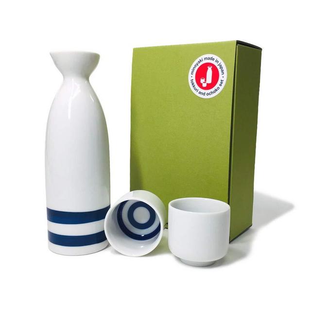Japanese Minoyaki Janome Sake set, 8 oz sake bottle and 2 sake cup, Sake Tokkuri with Ochoko, for Kiki‐zake Traditional Mino-Yaki ware