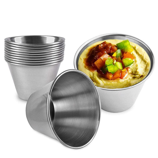 [12 Pack] 2.5 oz Stainless Steel Sauce Cups - Individual Round Condiments Ramekins, Commercial Grade Safe/Portion Dipping Sauce Kitchen Set