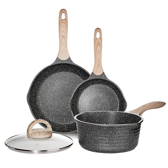 JEETEE Pots and Pans Set Nonstick, Induction Granite Coating Pots Set with 8 Inch & 9.5 Inch Frying Pan & 2.5 Quart Saucepan with Lid, PFOA Free (Grey, 4pcs Cookware Sets)