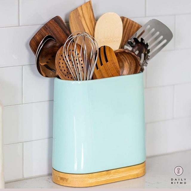 Large Kitchen Utensil Holder for Countertop with Bamboo Wooden Base | Minimalistic Cooking Utensils | Aqua Teal Blue Green Ceramic Tool Crock | Cylindrical Oval Shape | Narrow Spatula Organizer