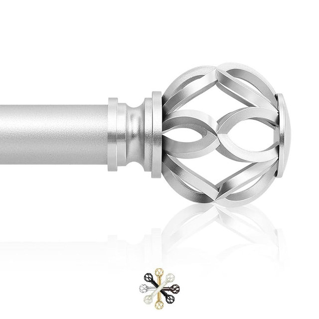 TVWOO Silver Decorative Farmhouse Curtain Rods:66-120Inch Adjustable Heavy Duty Single Window Curtain Rod for Bedroom Living Room,Nickel Boho Rustic Drapery Rods with Vintage Twist Finial Easy Install