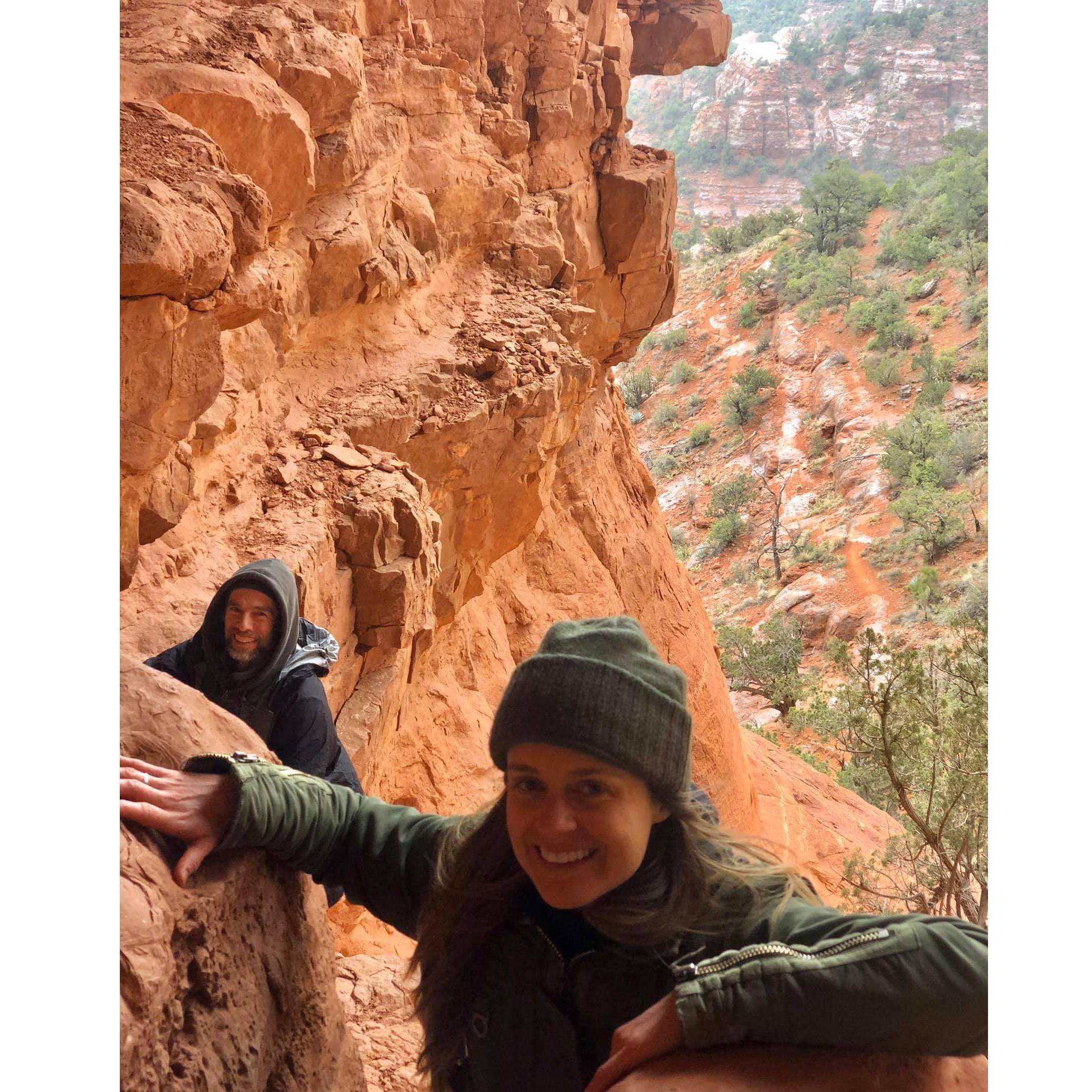 Scrambling up a 30 ft cliff to meditate on a ledge with our friends Trevor and Nyna! Just as we finished, the loudest thunder clap I ever heard in my life boomed throughout the valley. It was magic!