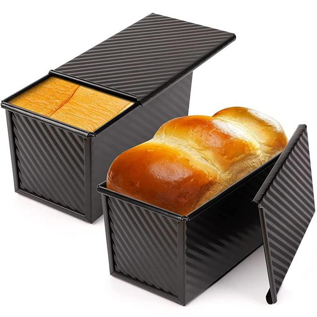 Beasea Pullman Loaf Pan 2 Pack, 1 lb Non-Stick Bread pan With Lid Carbon Steel Corrugated Bread Toast Box Mold With Cover For Bakeware Bread, Baking Tools Bread Mold Toast For Oven Baking