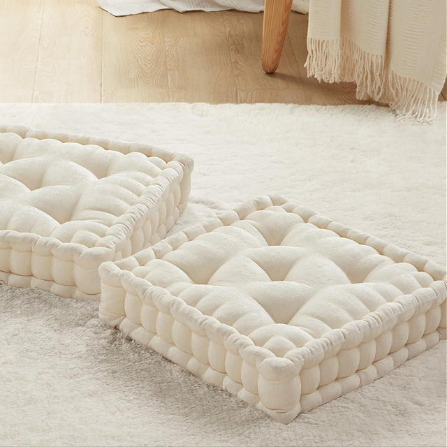 INNA Meditation Floor Pillow, Large Pillows Seating for Adults, Tufted Thick Chenille Cushion for Yoga Living Room Sitting (Inna Ivory) 2 Pack