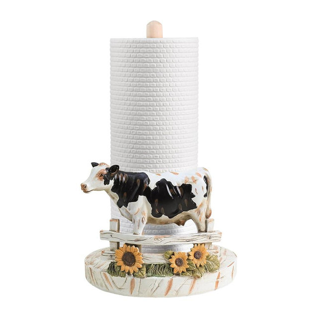 Bicuzat Retro Cow and Sunflower Style Paper Towel Holder Stand, Resin Cow Crafts Display for Kitchen Countertop, Cafe Western Restaurant Cake Shop Dessert Shop