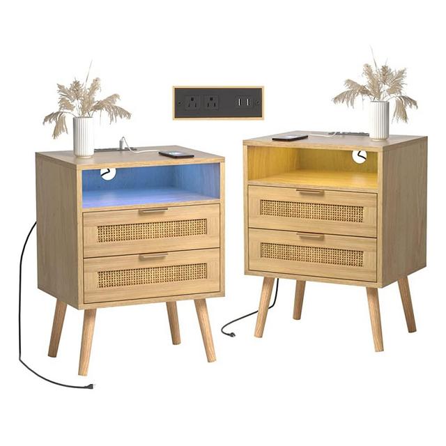 Rattan Nightstands Set of 2 with Charging Station and Led Lights, Boho Nightstand with 2 Drawers, Bedside Tables Night Stands for Bedrooms Set of 2, Side End Tables Living Room Set of 2 (2 Pack)