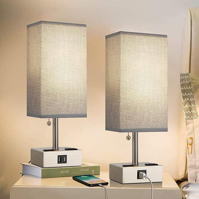 PORTRES 15.5'' Minimalism Style USB Table Lamp Set of 2 for Bedroom Desk Lamps with 2 USB Charging Ports Bedside Nightstand Lamp with 2 AC Outlet Lamps for Living Room Study Room Silver & Gray