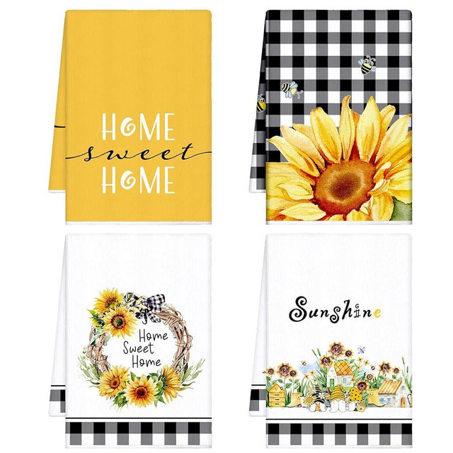 Bencailor 4 Pcs Sunflower Spring Kitchen Towels Summer Beach Mother's Day Cow Cattle Lemons Floral Cat Kitchen Dish Towels Fast Drying Kitchen Decor for Cooking, 16 x 24 Inch(Plaid, Sunflower)