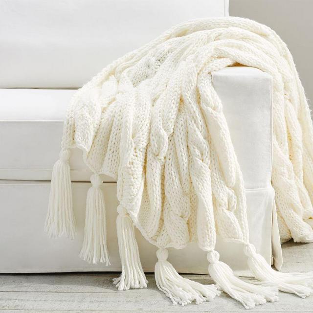 Bluma Chunky Knit Tassel Throw, 50 x 60", Off White