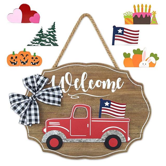 Winder Truck Welcome Sign for Front Door Red Truck Decor with 6-PC Interchangeable Seasonal Icons Farmhouse Wooden Wall hanging for Valentines Easter 4th of July Birthday Halloween Christmas Holiday Door hanger Decorations