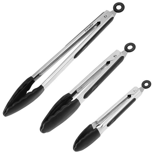 Kitchen Tongs,Set of 3-7, 9, 12 Inch,Stainless Steel Cooking Tongs With Silicone Tips For Barbecue,Cooking,Salad,Grilling,Frying(Black)