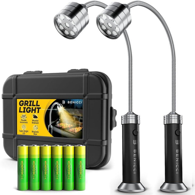 Flexible LED BBQ Grill Lights Set of 2 - Perfect Grilling Accessories Light with 360-Degree Magnetic Base and Extra Long Gooseneck - 100% Portable Outdoor Lamp w/ 6 Batteries Included