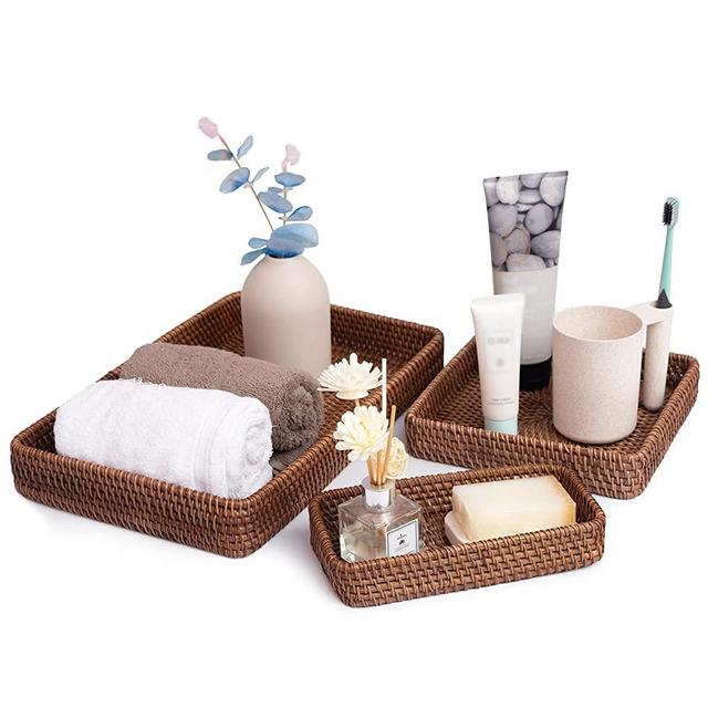 Wicker Baskets Trays Rattan Serving Tray Rectangle Vanity Basket Set of 3 for Bathroom Woven Storage and Organizer for Kitchen (Dark Brown)