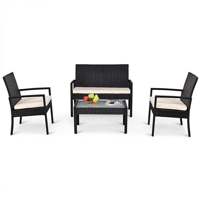Casart 4-Piece Outdoor Rattan Conversation Set, Patio Furniture Set with Glass Coffee Table, Loveseat & 2 Cushioned Chairs, Great for Garden, Lawn and Poolside