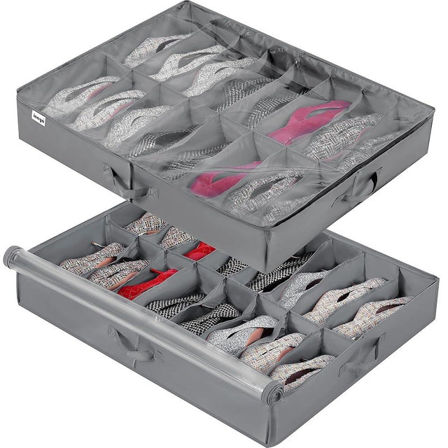 INAYA Under Bed Shoe Storage Organizer 2 Pack, Fits 32 Pairs, Large Underbed Shoe Box Storage Containers, Clear Foldable Shoes Organizer Under the Bed Sturdy Structure with Hard Bottom Support