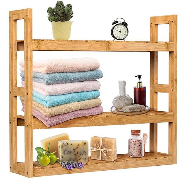 DOMAX Bamboo Bathroom Shelf 3-Tier Wall Mount Storage Rack Multifunctional Adjustable Layer Free Standing Over Toilet Utility Shelves Living Room Kitchen (Natural)