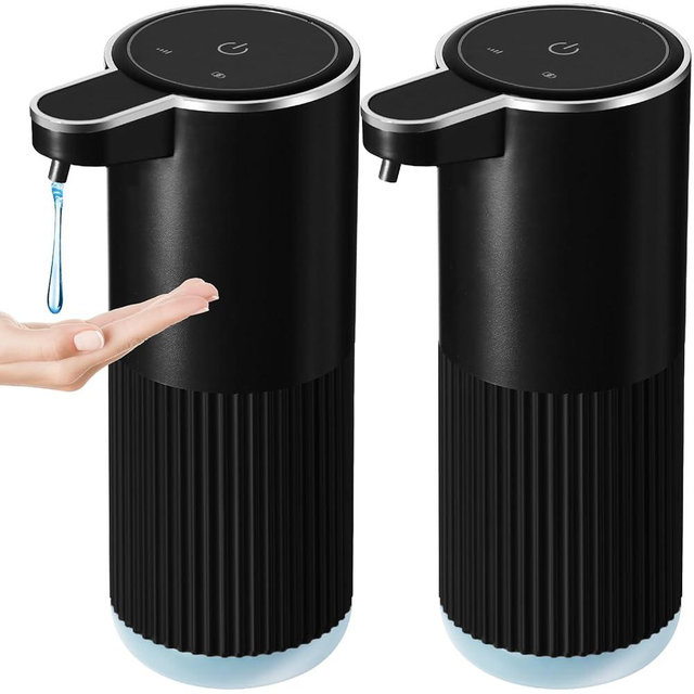 RYTOXILO Automatic Soap Dispenser, 2 Pack Black Touchless Liquid Soap Dispenser for Bathroom, 13.5 Fl Oz Plastic Electric Auto Dish Soap Dispensers Wall Mount for Kithcen with Adjustable Volume