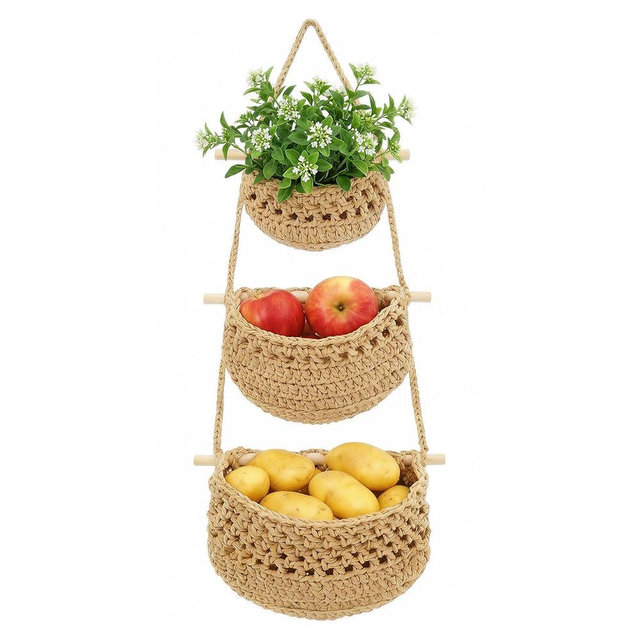 MaagorVita Hanging Fruit Basket, 3 Tier Cotton Woven Wall Basket, Detachable Wall Hanging Baskets for Kitchen Bathroom Storage, Plants Holder, Vegetable Onion Organizing, Boho Decor Aesthetic