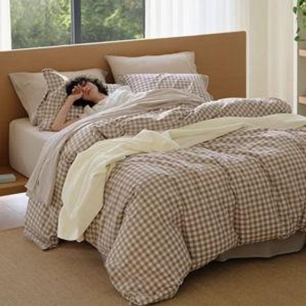 Bedsure Gingham Duvet Cover Queen, 100% Washed Cotton Duvet Cover Linen‑Like, PureWoven with Reversible Yarn‑Dyed Design & Double‑Stitch Craft, 3-Piece with Zipper, Gingham Light Brown, 90"x90"