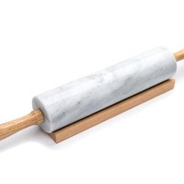Fox Run Polished Marble Rolling Pin with Wooden Cradle, 10-Inch Barrel, White
