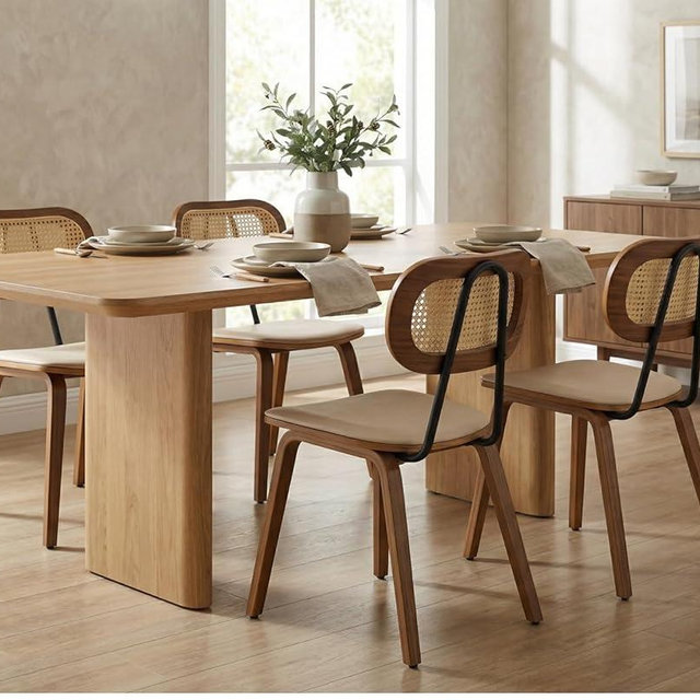 HEAH-YO Modern Dining Chairs Set of 4, Upholstered Faux Leather Dining Room Chairs with Rattan Backrest and Wood Legs, Armless Wood Kitchen Chairs for Dining Room, Beige