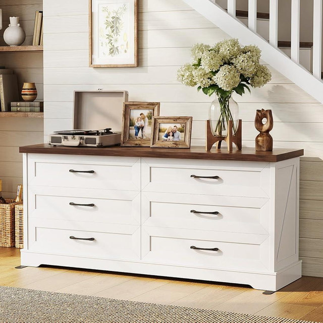 AODK Farmhouse 6-Drawer Dresser for Bedroom, Heavy-Duty Storage Chest with Extra Thick Boards & Metal Handles, Sturdy Chest of Drawers, Anti-Tipping Safety Certified, White & Walnut