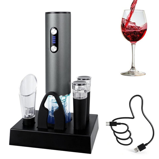 HiPiCok Electric Wine Opener, Automtic Wine Bottle Opener, USB-C Rechargeable Wine Opener Set with Foil Cutter, Wine Aerator Pourer, 2 Vacuum Stoppers and Storage Base