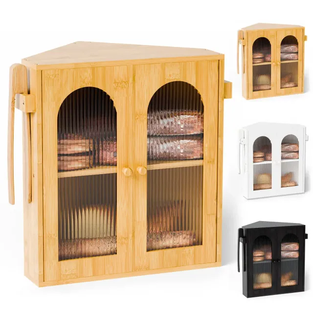 HOMLUX Arch-Door Bamboo Bread Box, Large Vertical-Slat Countertop Organizer, Brown