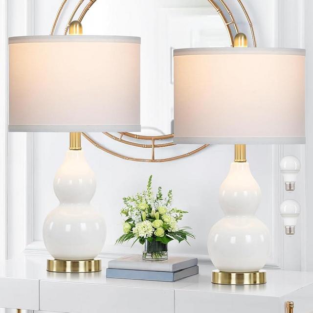 Rinweey Double Gourd Ceramic Table Lamps Set of 2, Modern White Bedside Lamps for Night Stand, Contemporary Nightstand Lamps for Bedroom Living Room (Bulb Included)