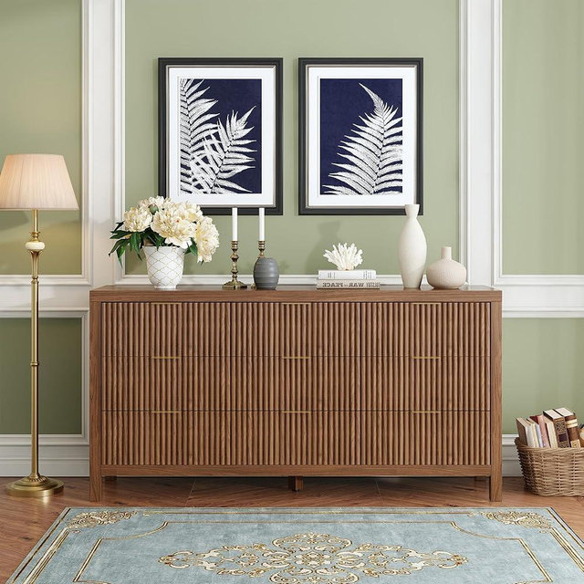 JZXSHD Modern 9 Drawer Dresser, Mid-Century Storage Chest with Solid Wood Legs, Large Organizer Cabinet & TV Stand for Bedroom, Living Room, or Hallway, Walnut Oak