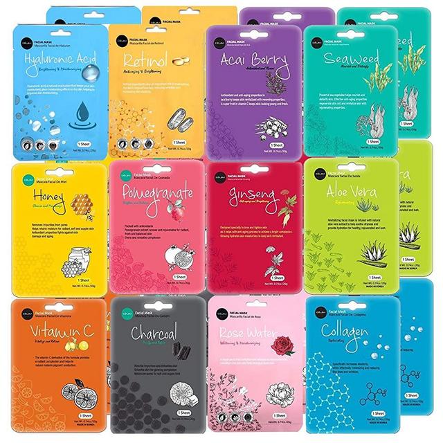 Celavi Face Mask Set Korean Beauty Essence Facial Paper Sheet Mask Korea Skin Care Moisturizing 2 Packs of each 12 New flavors K-Beauty Skincare 24 masks in a pack Made in Korea