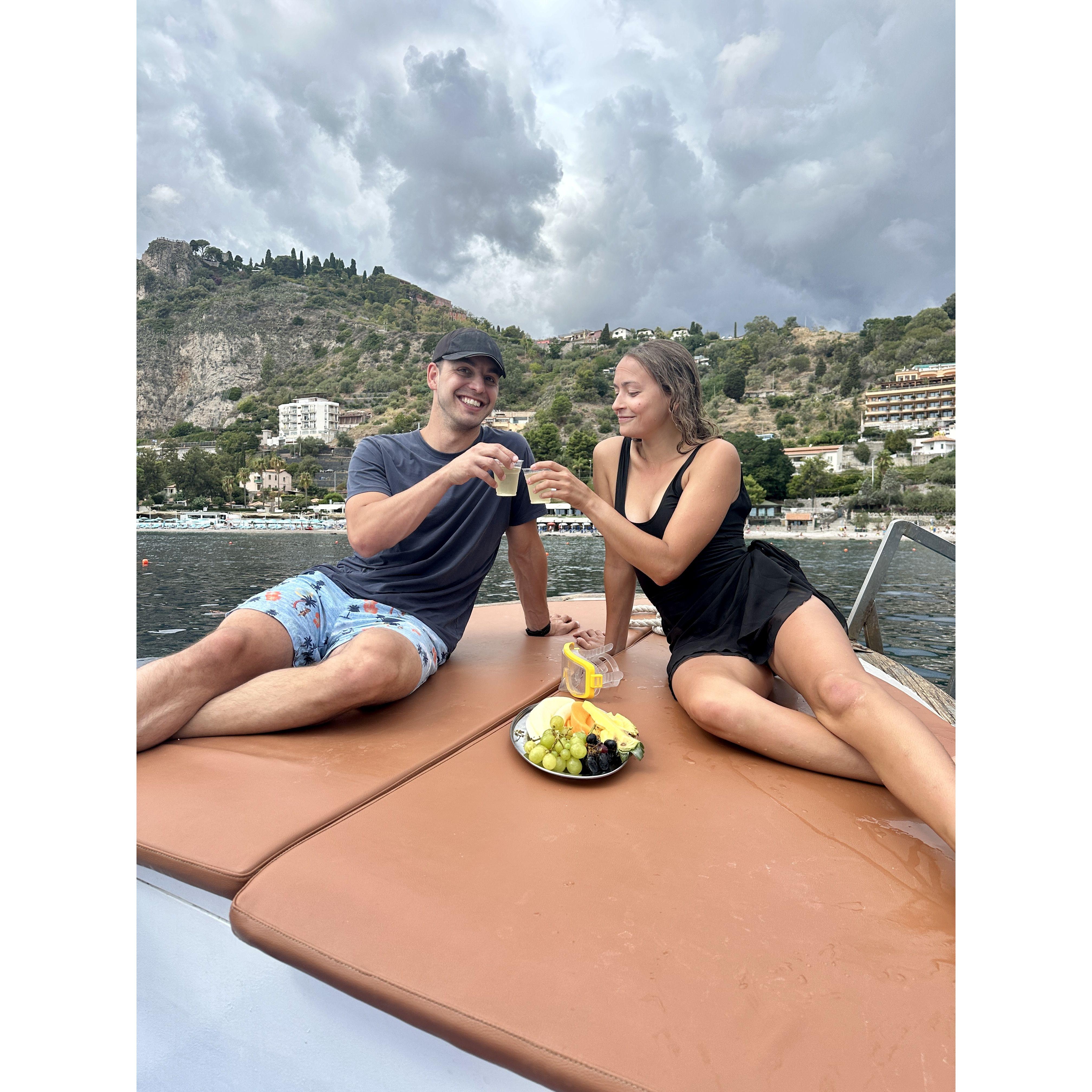 Sailing around the waters of Taormina, famously seen in White Lotus season 2.