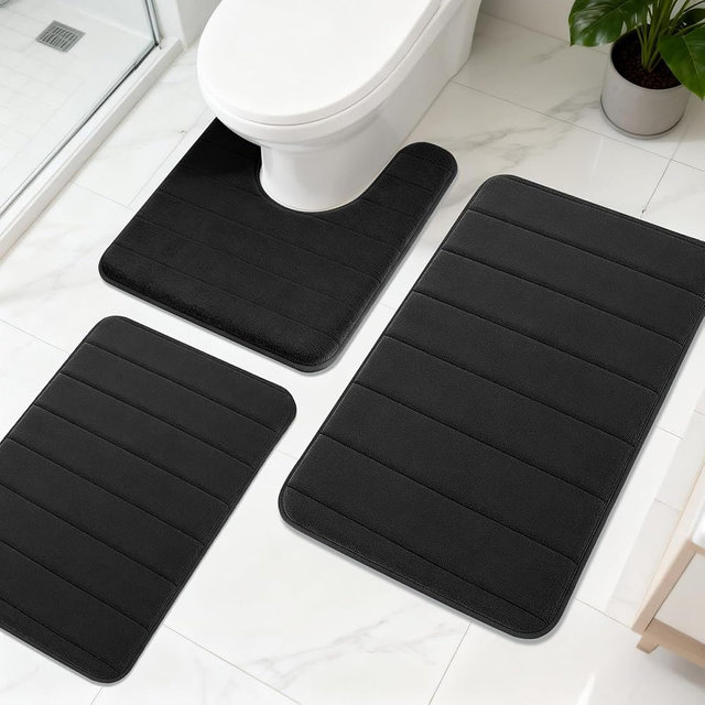 KescherAb Bathroom Rugs Sets 3 Pieces Thicker Memory Foam Bath Mat with Non Slip Backing, Machine Wash, Dries Quickly, Ultra Soft Black Bath Carpet with Toilet Rug for Bathroom,Kitchen,Tub