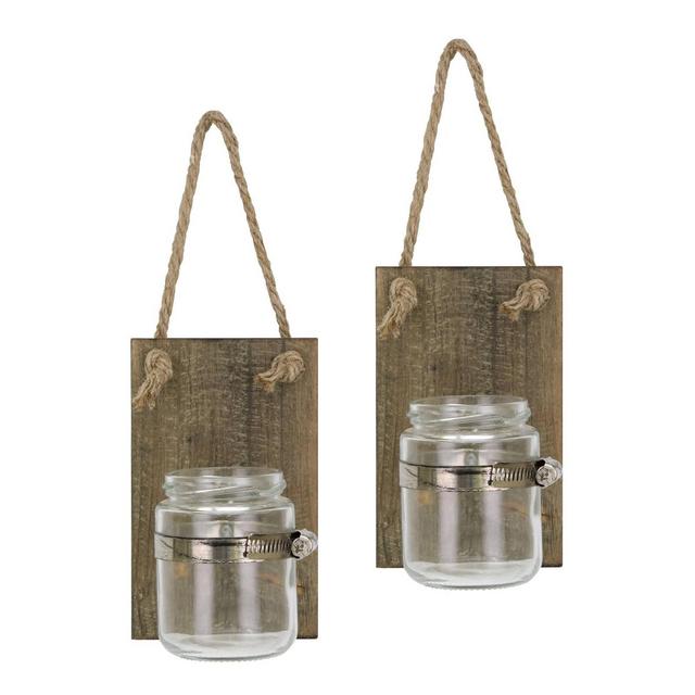 Rustic Natural Mason Jar Wall Sconce Set Wood - Stonebriar Collection