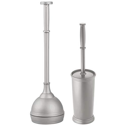 mDesign Modern Slim Compact Freestanding Plastic Toilet Bowl Brush and Plunger Combo Set with Holder for Bathroom Storage - Sturdy, Heavy Duty, Deep Cleaning - Gray