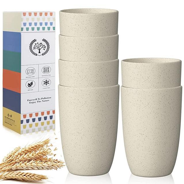 Wheat Straw Cups 6 PCS Good Alternative to Plastic Reusable Cups 12 oz Unbreakable Drinking Cup Reusable Dishwasher Safe Water Plastic Glasses Beige