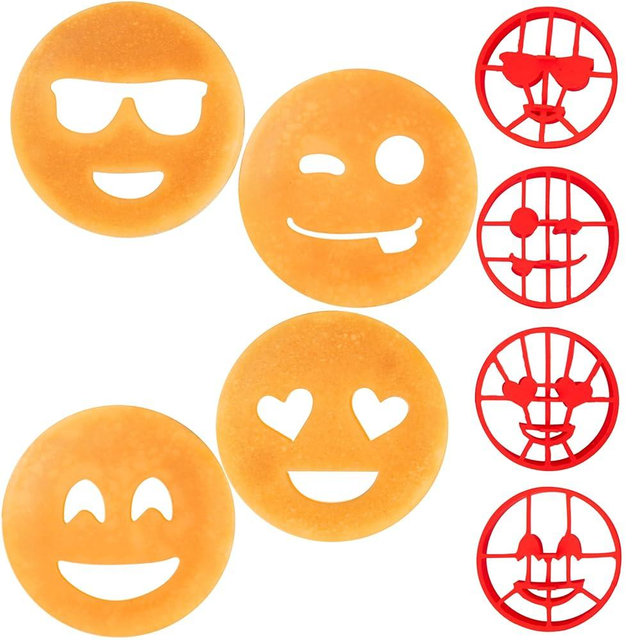 Emoji Pancake Molds & Egg Rings- 4 Pack for Kids AND Adults- Reusable Silicone Smiley Face Maker Doubles as Cookie Cutter- Breakfast Treat, Baking Gift- Officially Licensed by Emoji